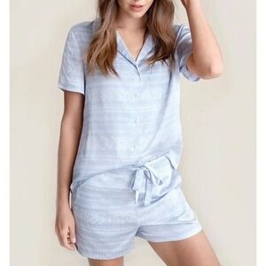 Barefoot Dreams Washed Satin Short Pajama Set M Blue Paisley Lounge Luxurious